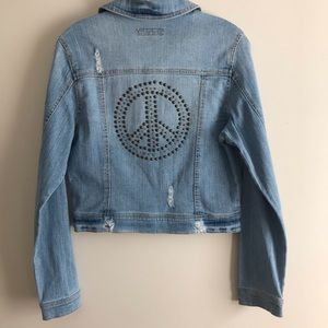 Jalate Peace Sign Distressed Denim Jacket Size L